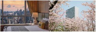 从左至右依次为：上海静安瑞吉酒店客房、繁樱盛开春日美景